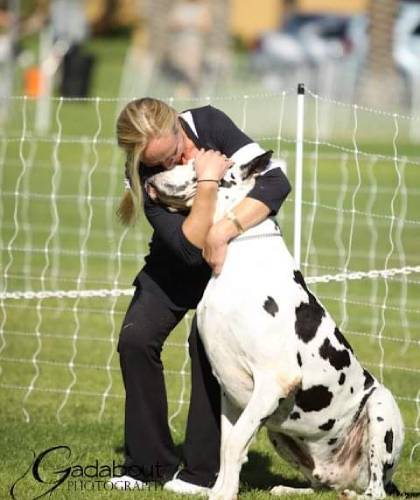 A woman is hugging a dog in the grass.