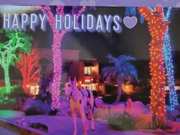 A horse is walking in front of the happy holidays sign.